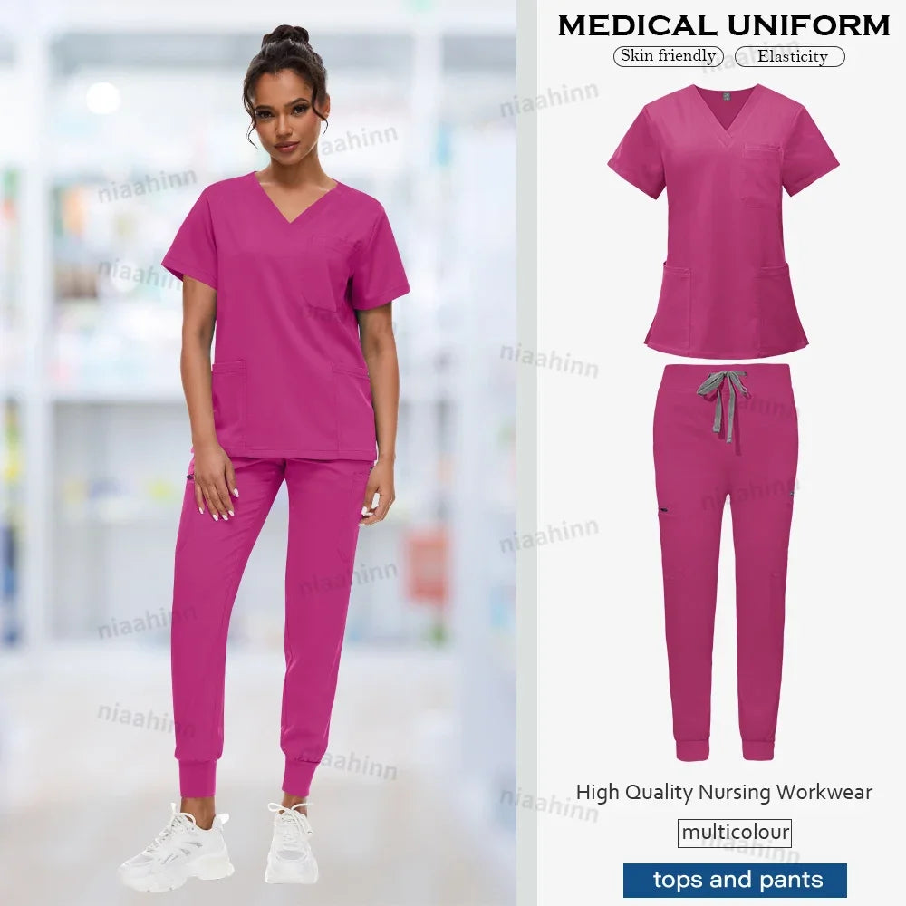 Doctor Nursing Uniforms Multicolour Jogger Suit V-neck Tops Pocket Pants Nurse Scrubs Set New Medical Clinical Clothes Women Men