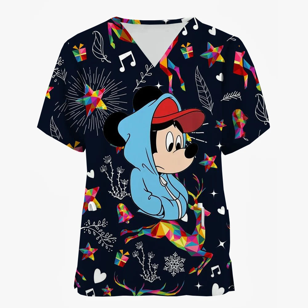 2024 Disney Uniform Women's Cartoon Stitch Print Nurse Work Shirt Pocket Gown Christmas Healthcare Nurse Scrubs