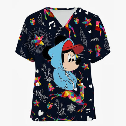 2024 Disney Uniform Women's Cartoon Stitch Print Nurse Work Shirt Pocket Gown Christmas Healthcare Nurse Scrubs