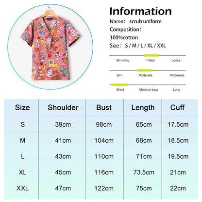 Cotton Printed Medical Uniforms Nurse Accessories for Work Doctor's Surgical Scrub Cartoon Pattern Short Sleeved Shirt Women Men