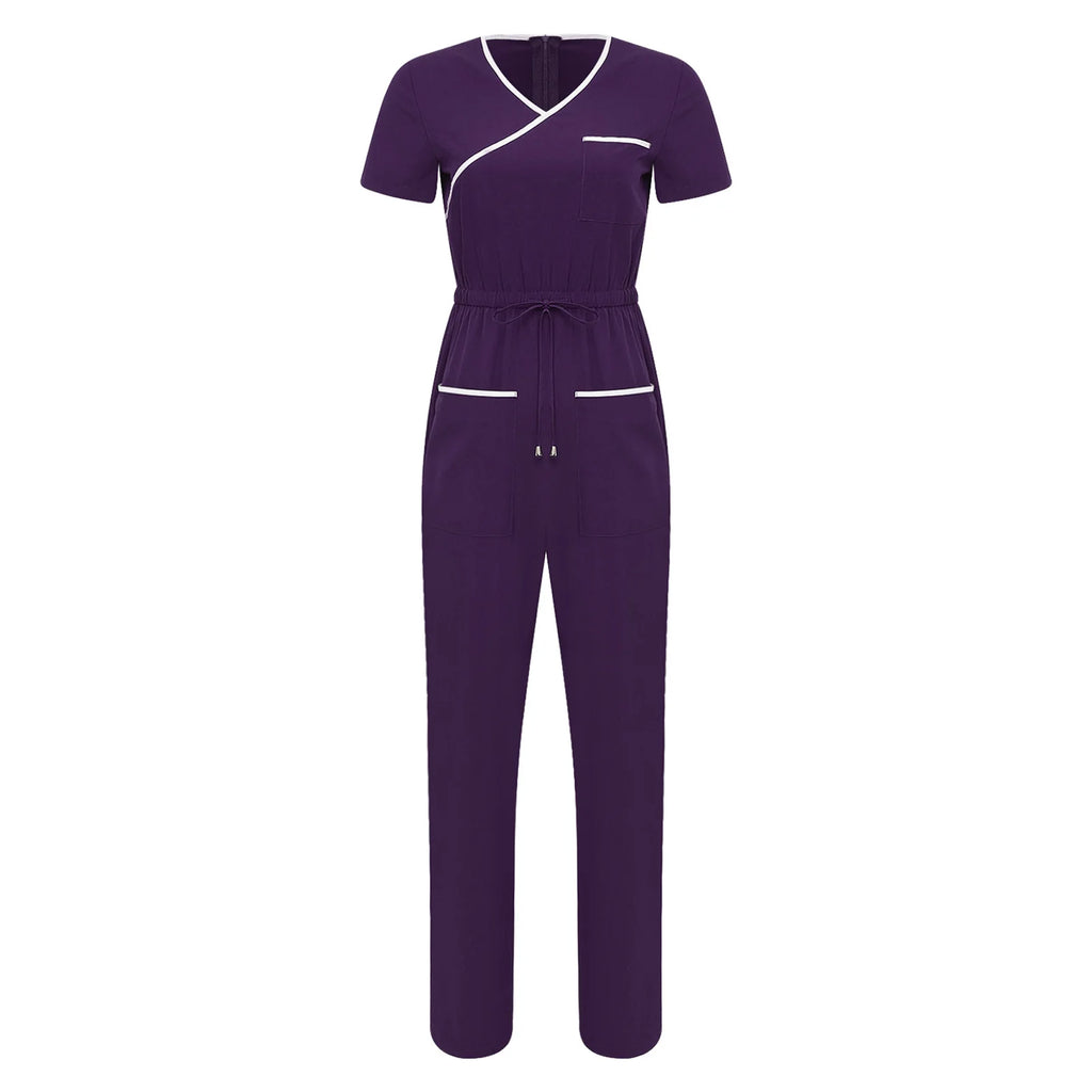 Women Scrub Jumpsuit Nurse Doctor Medical Esthetician Workwear Short Sleeve Multi-pockets Elastic Waist Jogger Pants Rompers