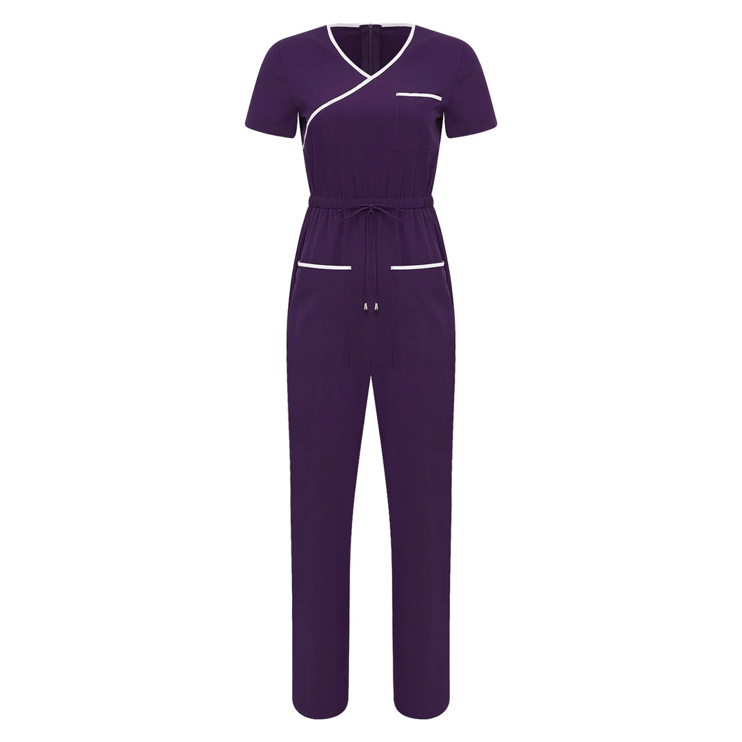 Women Scrub Jumpsuit Nurse Doctor Medical Esthetician Workwear Short Sleeve Multi-pockets Elastic Waist Jogger Pants Rompers