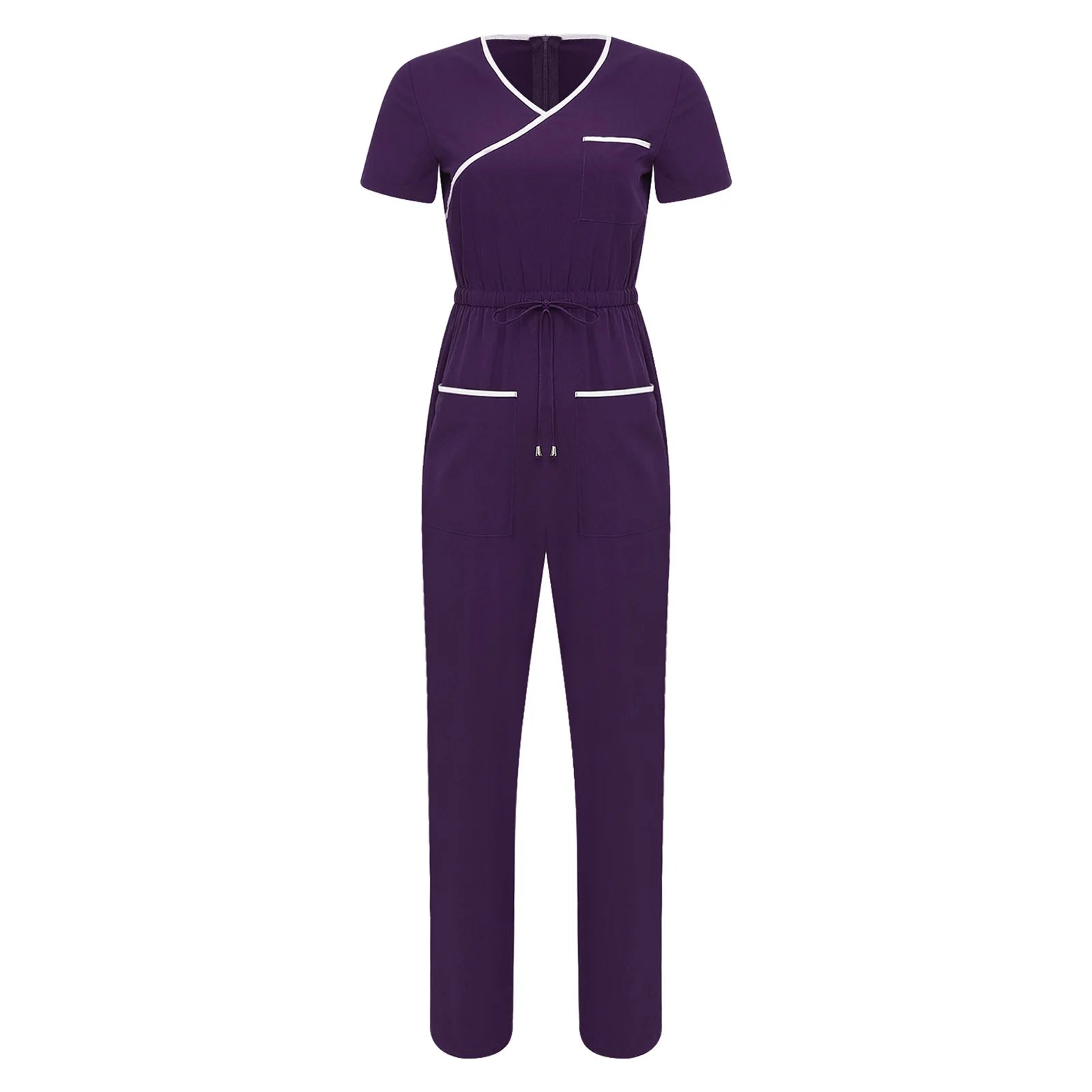 Women Scrub Jumpsuit Nurse Doctor Medical Esthetician Workwear Short Sleeve Multi-pockets Elastic Waist Jogger Pants Rompers