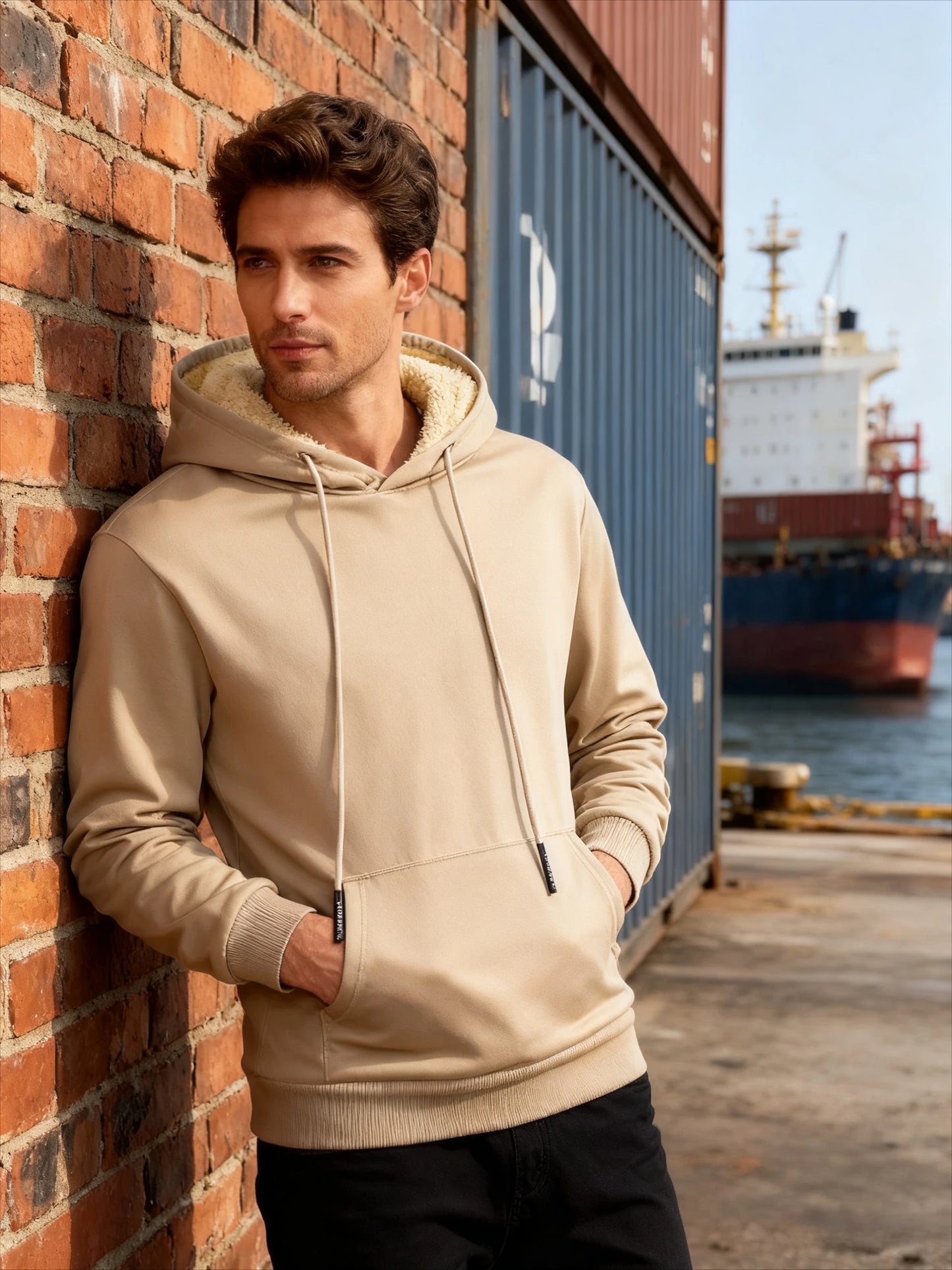 Winter Men's Fleece Hoodies Solid Color Casual Warm Long Sleeve Pullover New Crew Neck Hooded Sweatshirt Streetwear Men Clothing