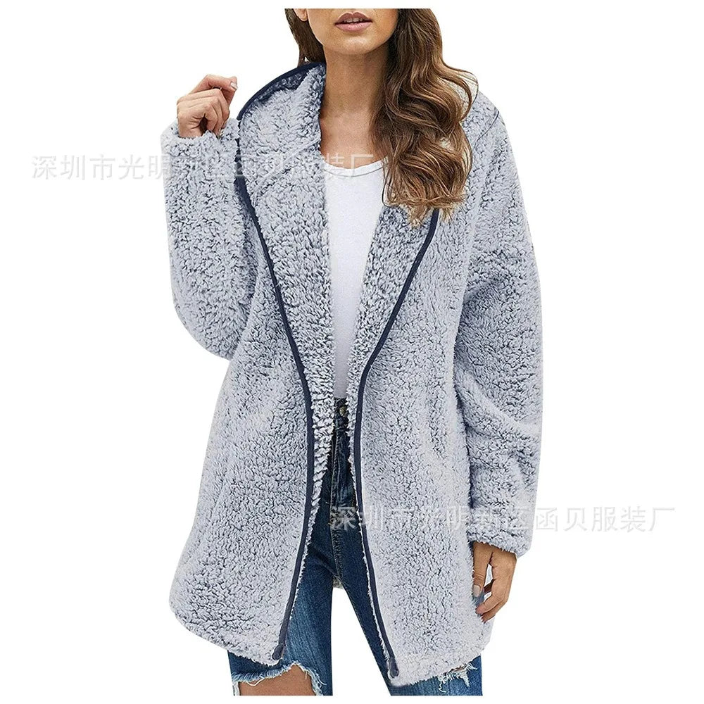Autumn and Winter New Casual Solid Colour Lapel Hooded Long-sleeved Plush Sweater Fleece Jacket