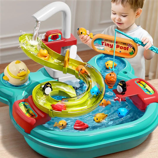 Children's Fishing Toys Electric Pretend Play Toys Dishwashing Basin Toys Gift Kitchen Interactive Toys 2-in-1 Slide Fishing Toy
