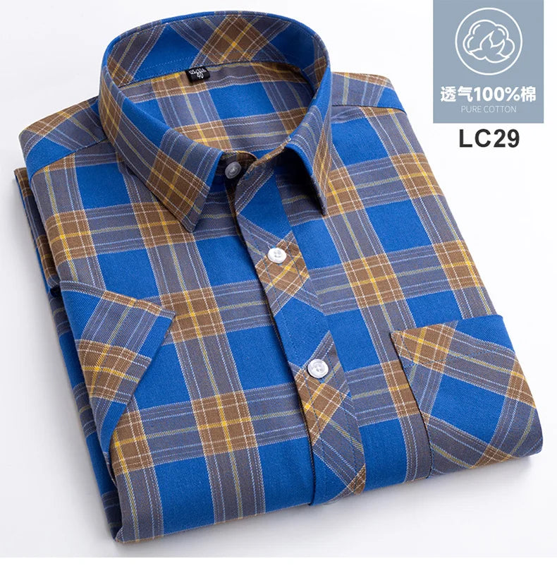 Plus Size 8XL 7XL New Men's Shirts Short Sleeve Cotton Plaid Shirt Summer Fashion Thin Soft Classic Basic Casual Male Clothing