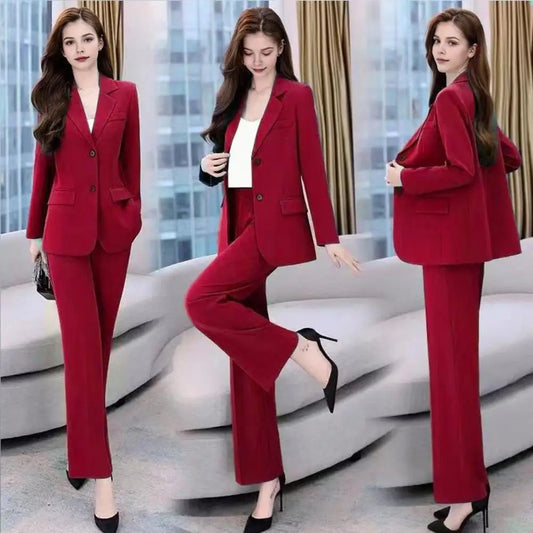 Autumn Women Blazer Pants Set 2025 Spring  Lapel Single Button Blazer Coat Wide Leg High Waist Straight Leg Pants Suit