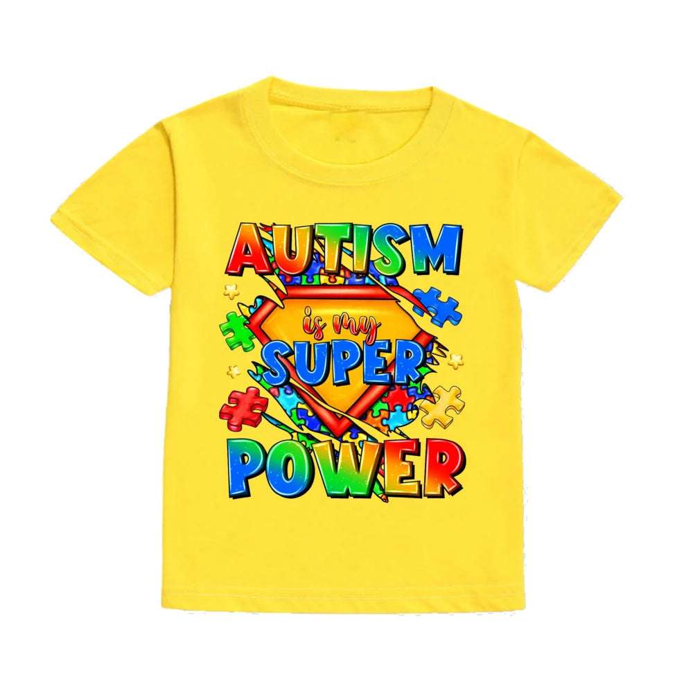Autism Is My Superpower Kids Tshirt Autism Awareness Youth Shirt Toddler Short Sleeve Clothes Colorful Puzzle Boys Tee