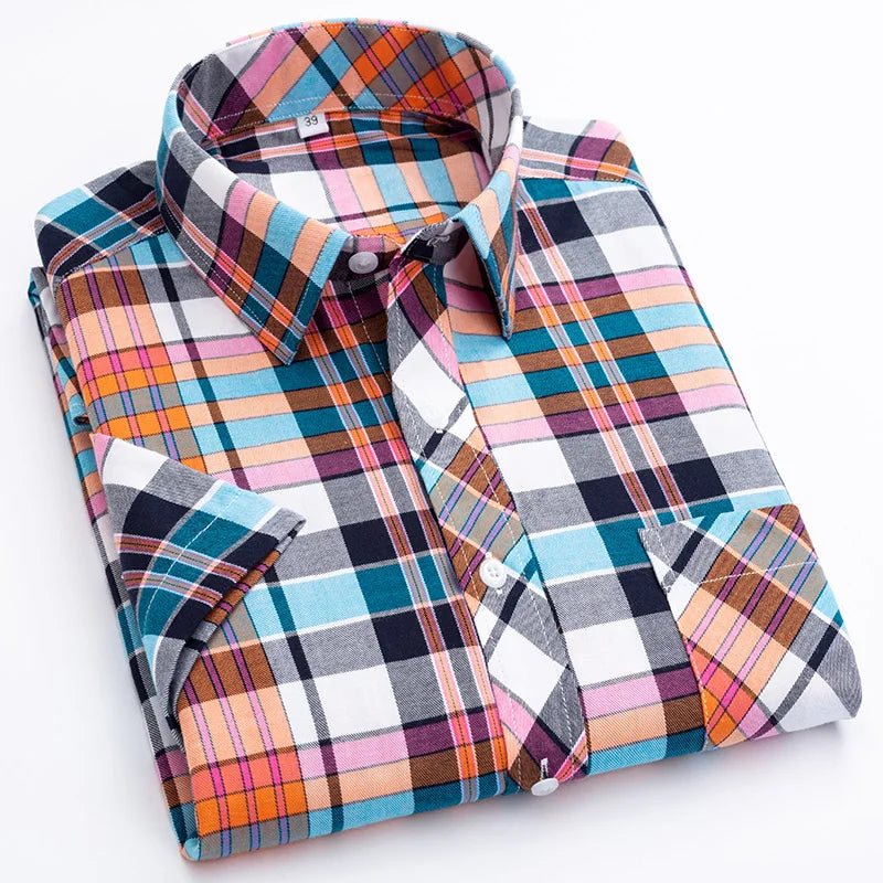 Plus Size 8XL 7XL New Men's Shirts Short Sleeve Cotton Plaid Shirt Summer Fashion Thin Soft Classic Basic Casual Male Clothing