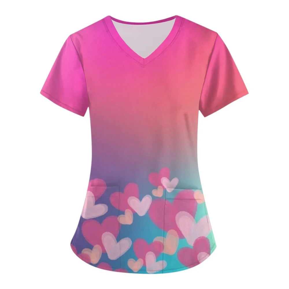 Clinical Uniform Woman V-Neck with Pocket Nurse Uniforms Comfortable Valentine's Day 3D Pattern Printed Women's Medical Uniform