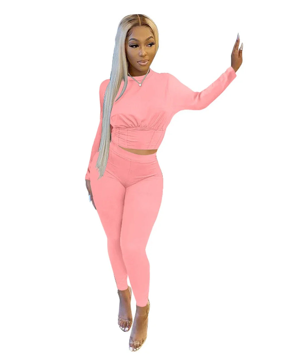 New Autumn Women's Pure Color Sports Waist Suit Fashion Casual Two-piece Set