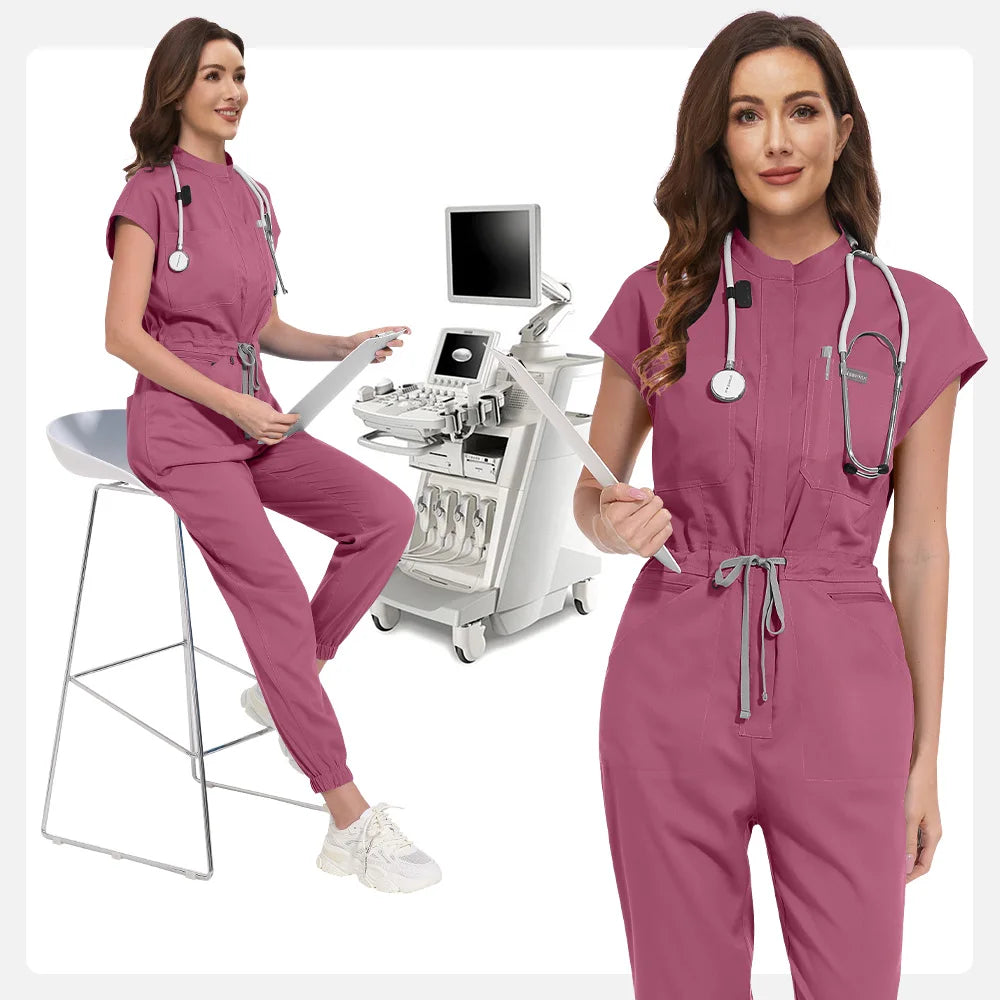 Niaahinn Zipper Neck Lab Jumpsuit Pet Grooming Nurse Uniform Onesie Short Sleeved Scrubs Workwear Health Service Nursing Clothes