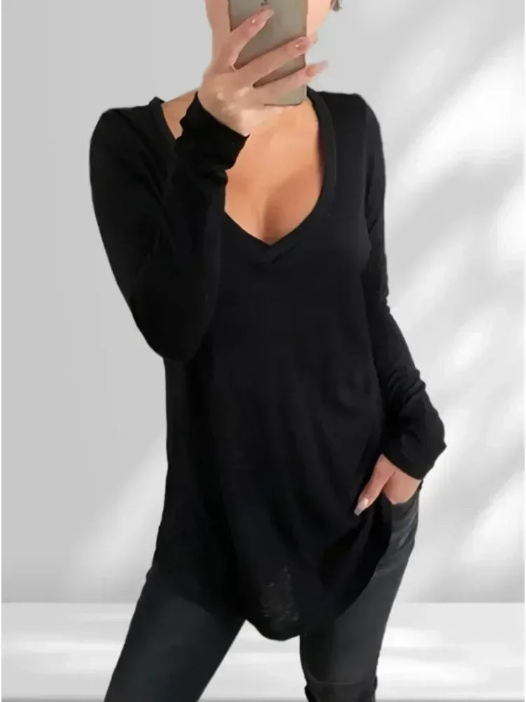 Women's Plus Size1XL-5XL Fashion V-neck Long Sleeved T-shirt Ladies Casual Simple Solid Color T-shirt