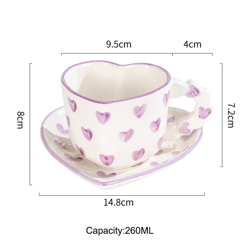 Cute Ins Style Heart Shape Coffee cup with Saucer Hand Painted Love Ceramics Mug Festival Gifts Afternoon tea Cup Breakfast cups