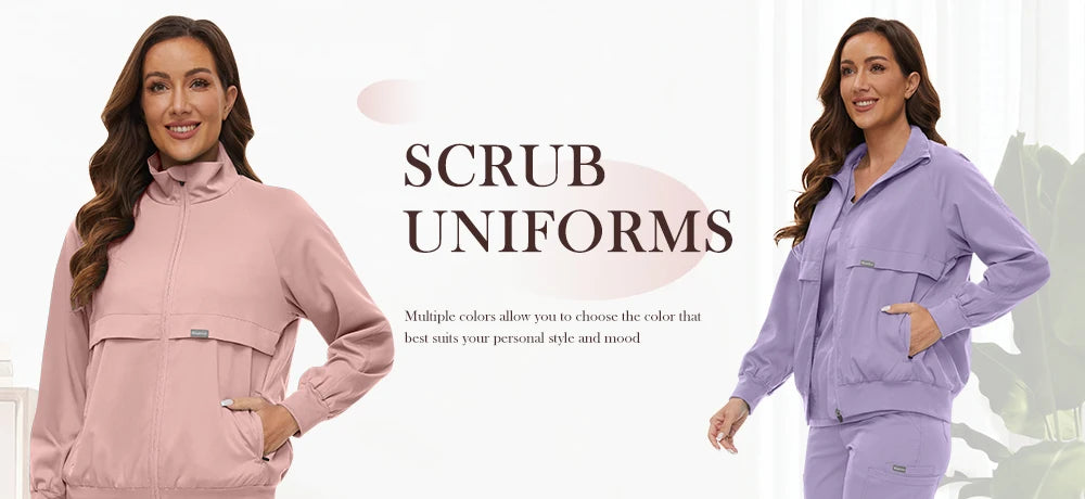 Scrub Jackets Warm Up Medical Scrub Jackets for Women Zip Front Long Sleeved Jacket Doctor Nursing Scrub Outerwear Workwear Tops