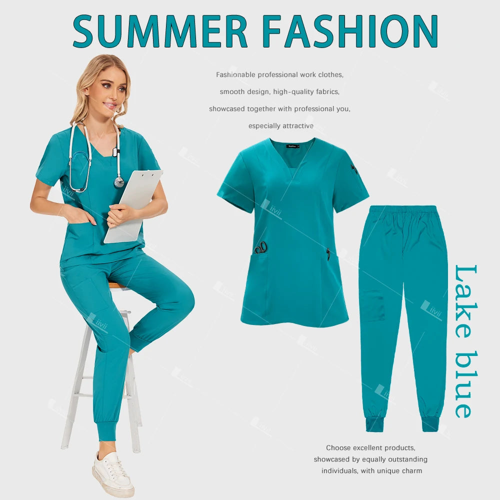 Medical Scrub Set Women Wholesale Hospital Doctor Dentist Work Clothes Surgical Scrub Top Jogging Pants Multicolor Nurse Uniform
