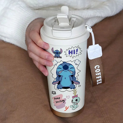 600ML Kawaii Stitch Anime Straw Cup 304 Stainless Cartoon Thermos Cup Portable Double Drinking Water Bottle Gifts For Boys Girls
