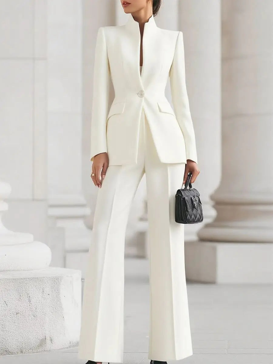 Women Suit 2 Pieces White Single Button Solid Slim For Wedding Business Work Office Daily Commute Casual Set Blazer And Pants
