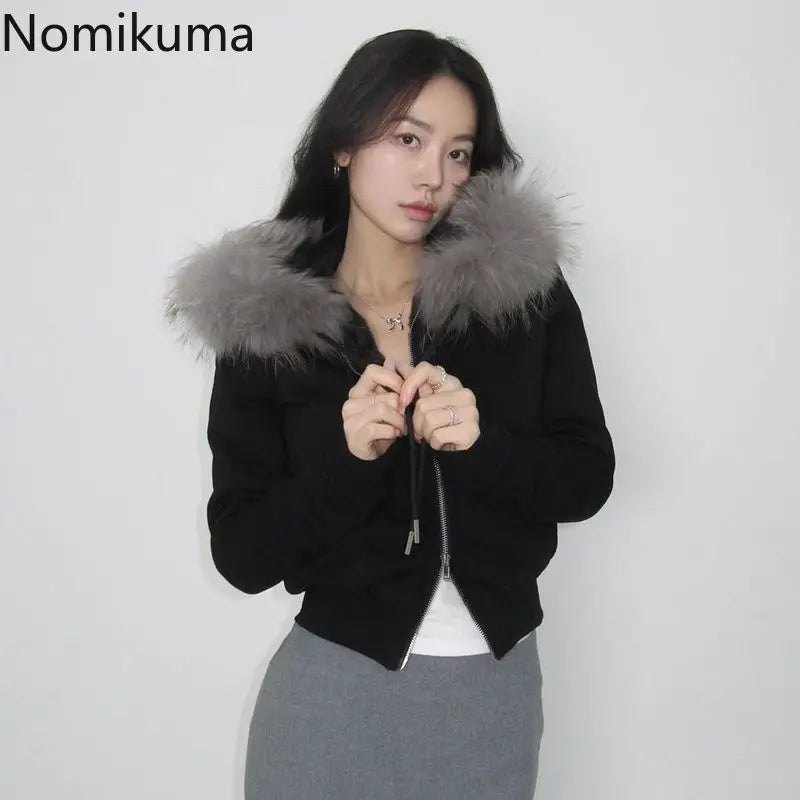 Patchwork Furry Hooded Sweatshirt for Women Y2k Tops Streetwear Casual Hoodies 2025 Ropa Mujer Korean Fashion Zipper Crop Hoodie