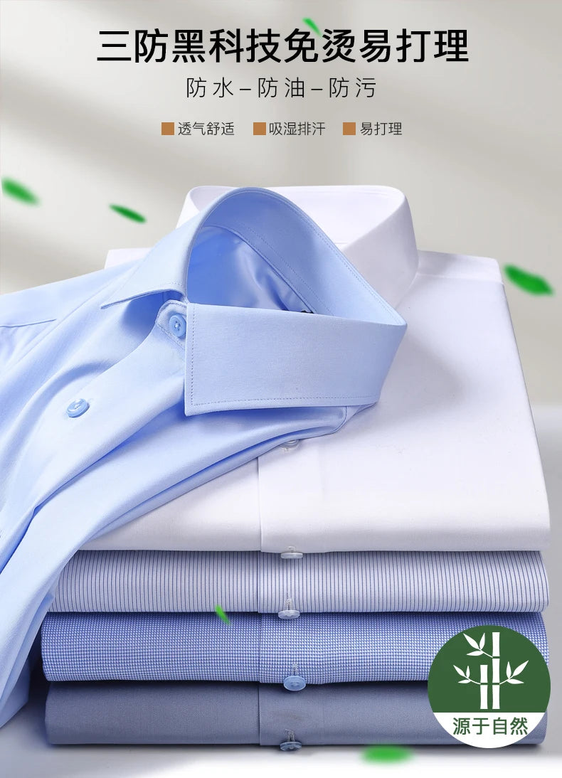 Spring and Autumn New Men's Long-sleeved, Iron-free, Three-proof, Pocket-free Business Attire, White Shirt, Men's Formal Wear