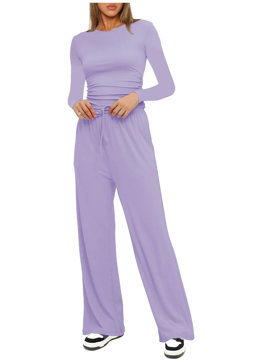 Autumn Winter Trend Fashion Women's Two Pieces Set Solid Casual O Neck Long Sleeve T-shirts & High Waist Wide Leg Pants Sets