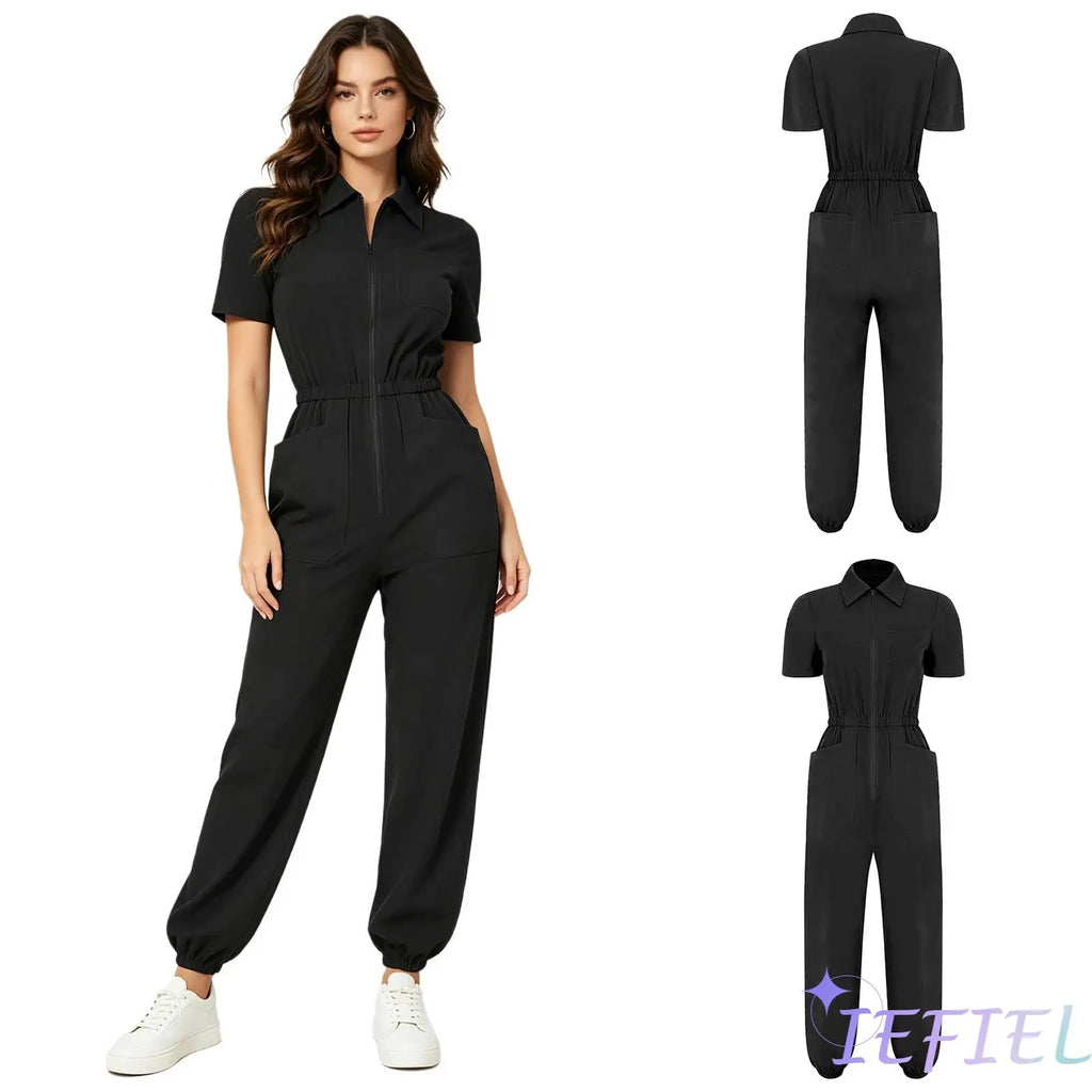 Womens Short Sleeve Scrubs Jumpsuit Front Zipper Elastic Waist Jogger Pants Rompers Nurse Doctor Workwear for Caring Nursing