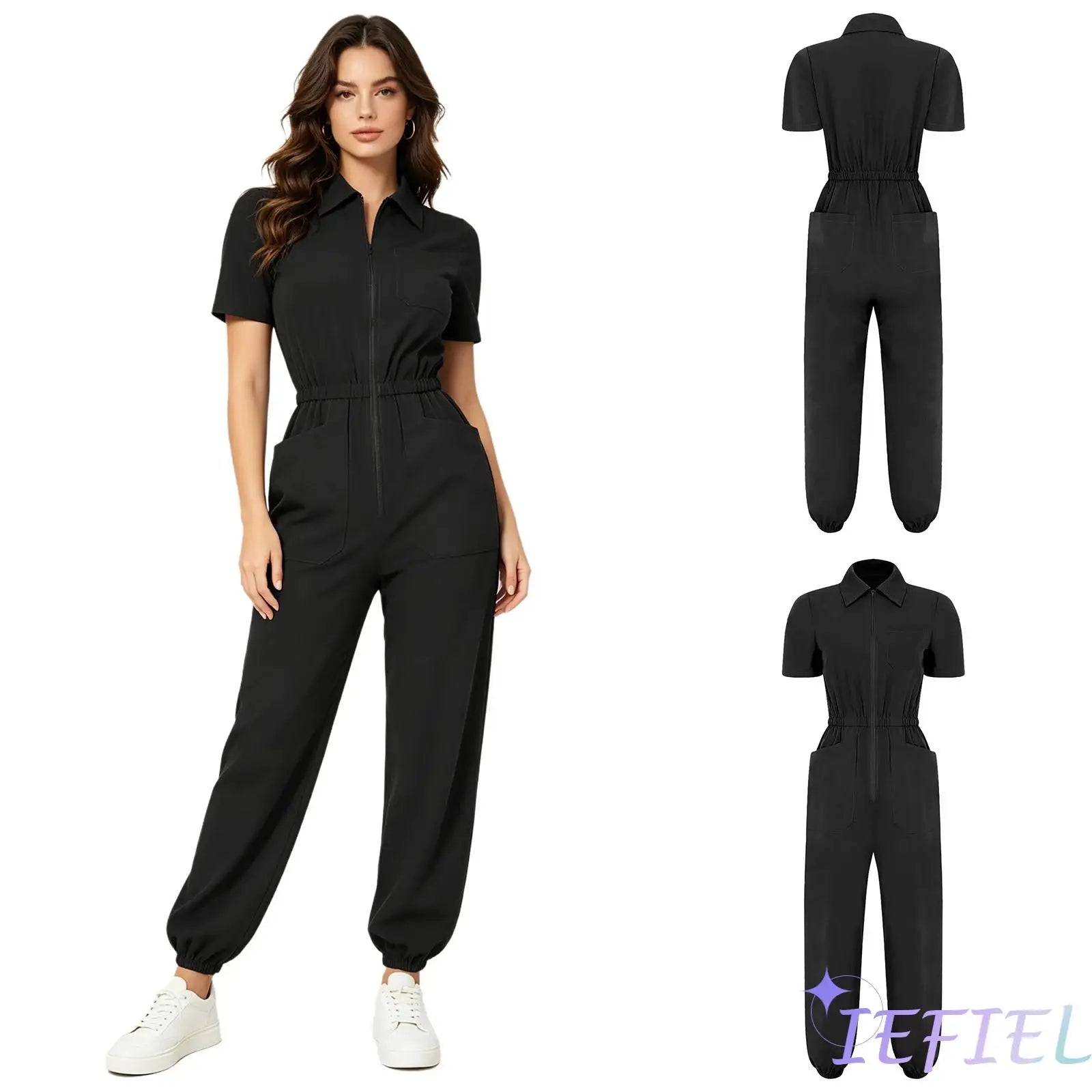 Womens Short Sleeve Scrubs Jumpsuit Front Zipper Elastic Waist Jogger Pants Rompers Nurse Doctor Workwear for Caring Nursing