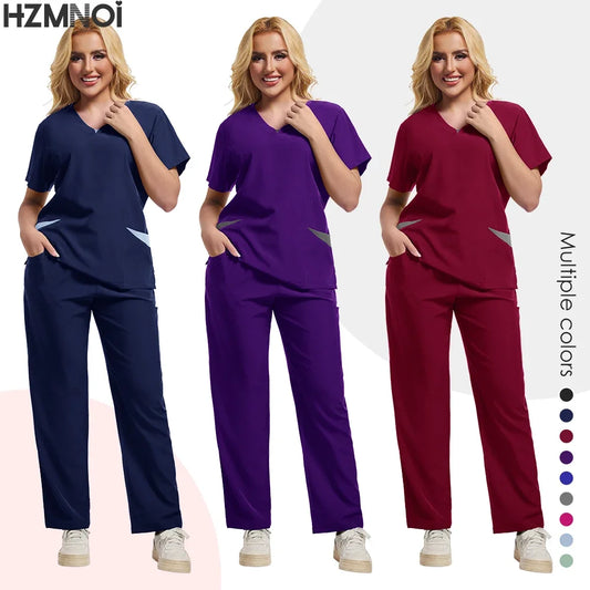 New Scrubs Uniform Suit Short Sleeve V-neck Tops+ Pants Set Nursing Uniform Women Multicolor Pet Doctor Scrub Medical Workwear