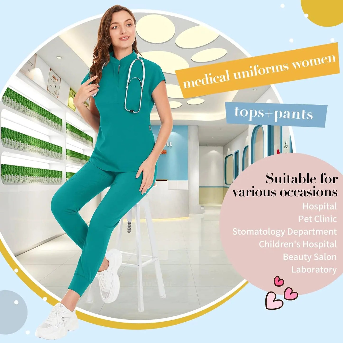 niaahinn Scrubs Set for Women Nurse Uniform Jogger Suit Stretch Top & Pants with Multi Pocket for Nurse Esthetician Workwear
