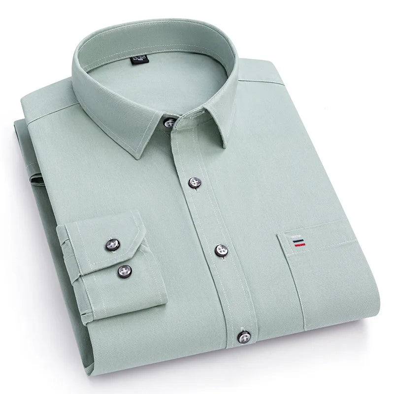 S-7XL New 100% Pure Cotton Men's Shirts Long Sleeves Solid Color Soft Regular Fit Casual Shirt Pocket Social Blouse Male Clothes