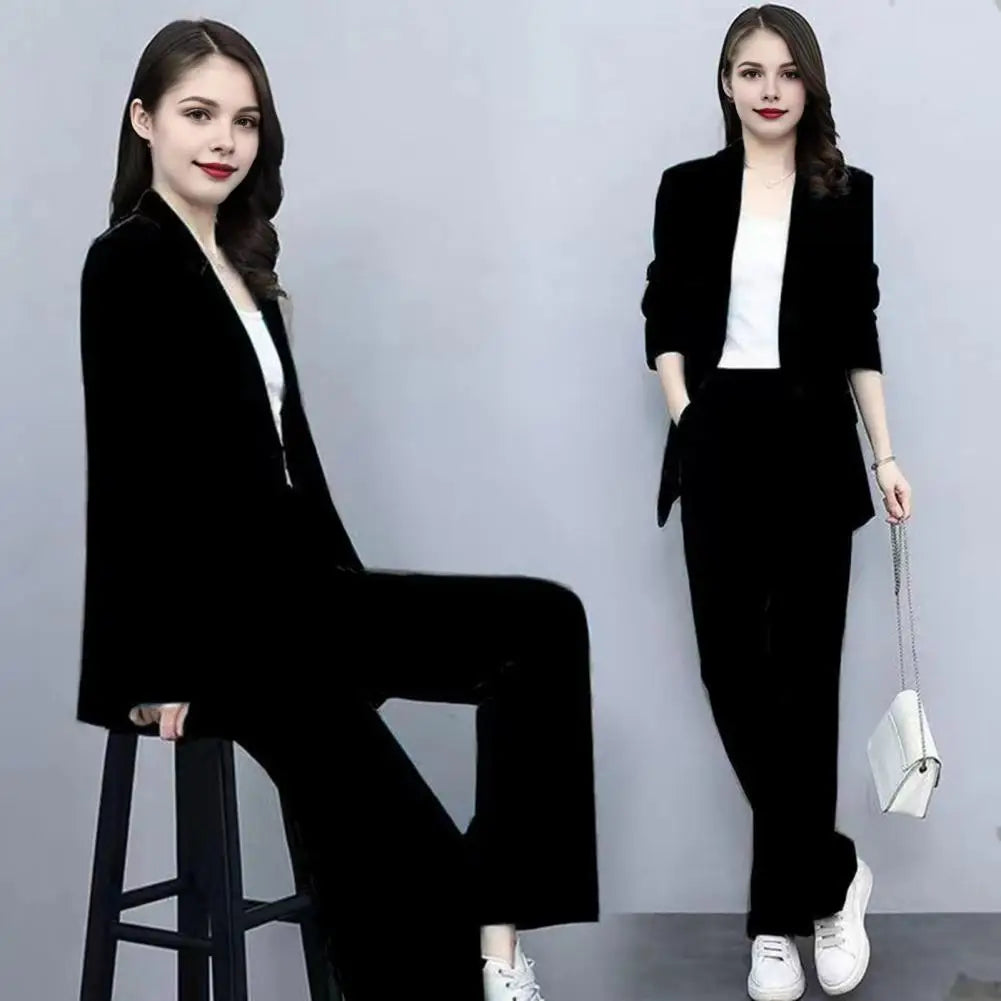 Autumn Women Blazer Pants Set 2025 Spring  Lapel Single Button Blazer Coat Wide Leg High Waist Straight Leg Pants Suit