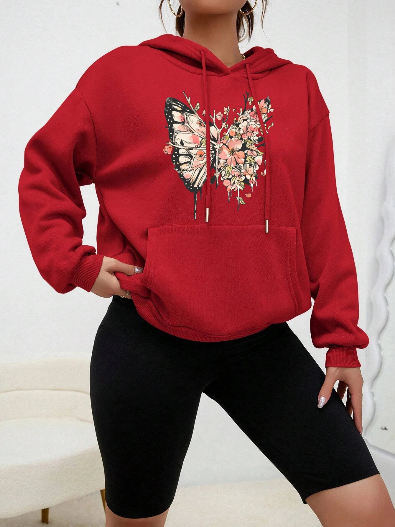 Half Butterfly Other Flower Prints Hoody Women Personality Cartoons Hoodie Fashion Fleece Pullovers Hip Hop Warm Clothes  Female