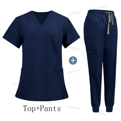 Wholesale Price Clinical Uniform Woman Hospital Doctor Work Wear Nurse Medical Clothing Short Sleeved Top Jogging Pants Set Mens