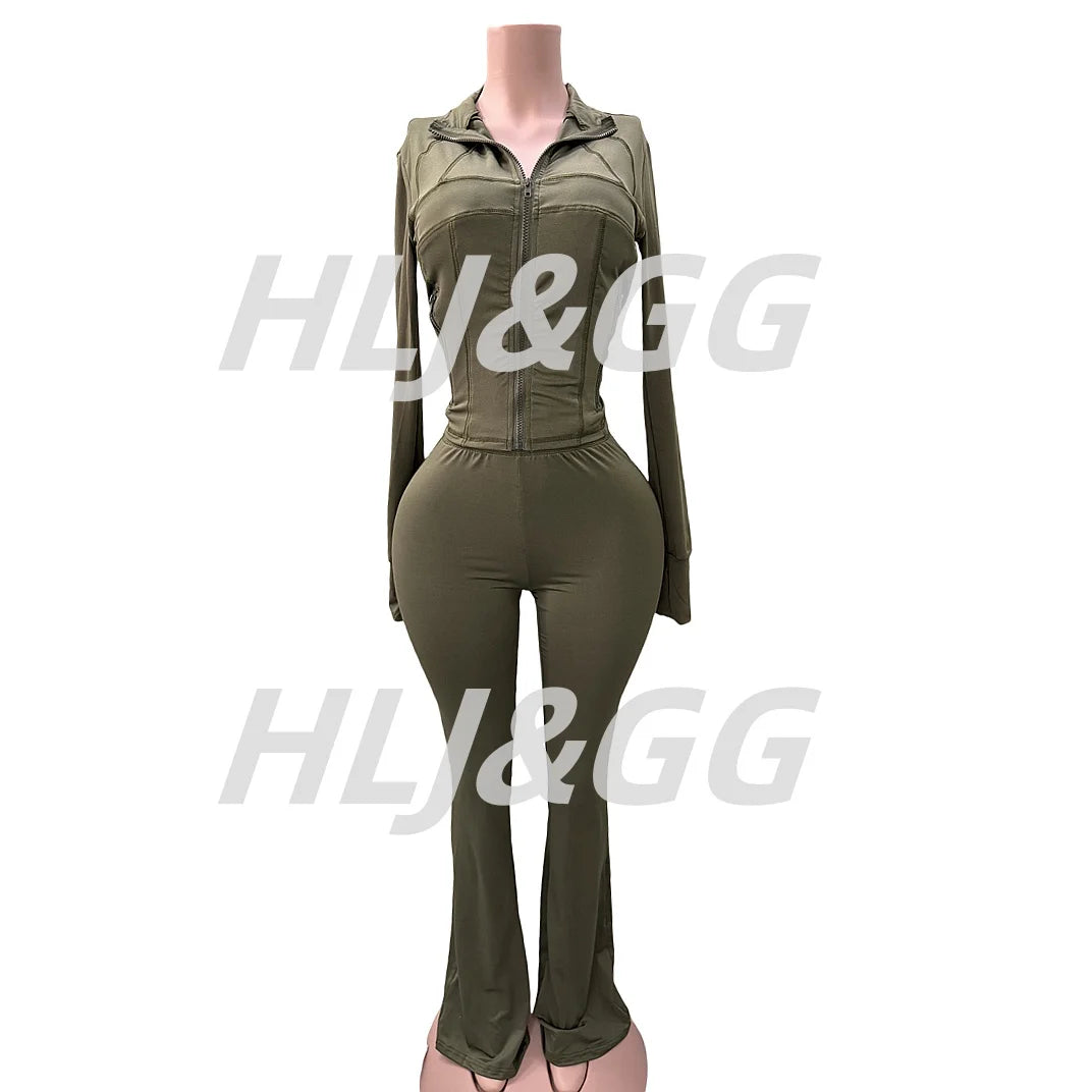 HLJ&GG Casual Solid Sporty Two Piece Sets Women Zipper Long Sleeve Slim Top And Skinny Pants Outfits Spring New 2pcs Tracksuits