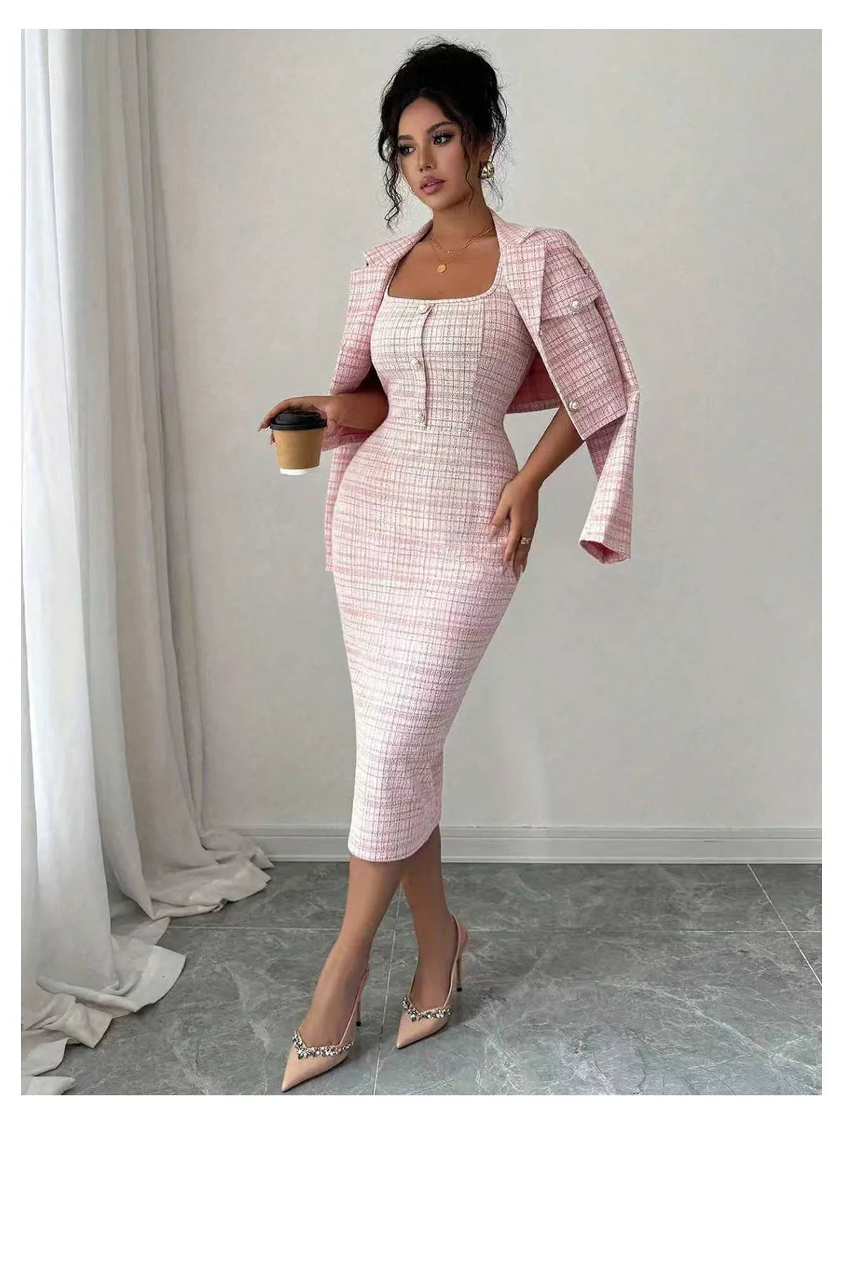 Dress Suits Women Coat Sheath Dresses 2 Piece Sets Suit Jacket Sundress Plaid Print Outfits Vestidos Office Lady Spring 2026