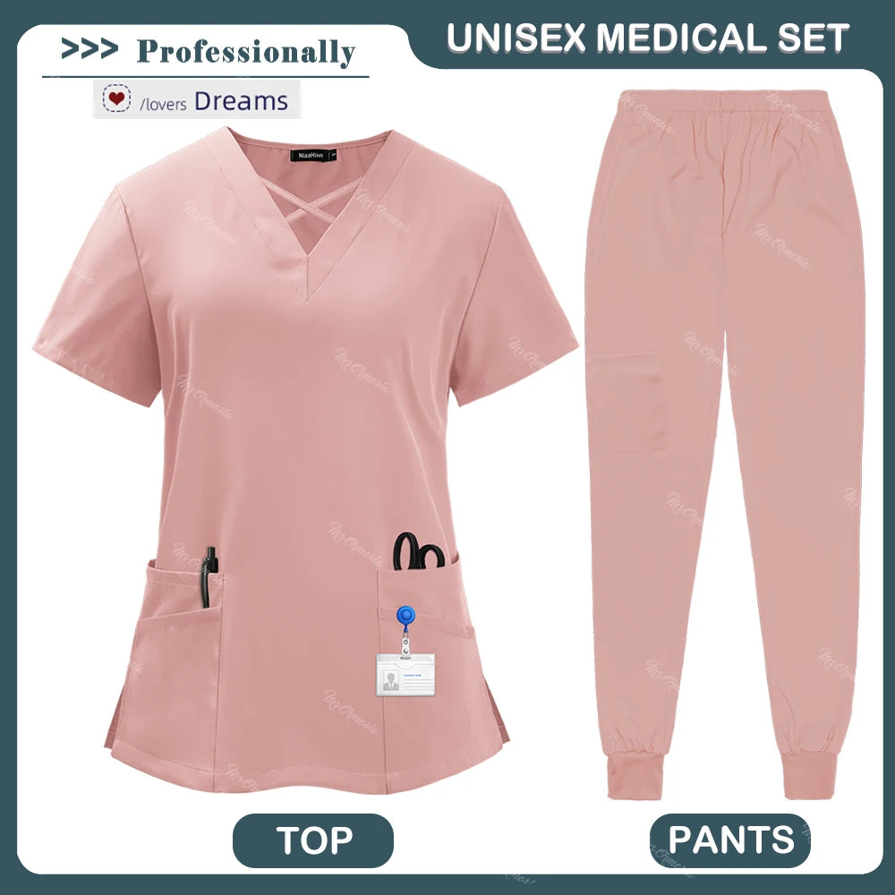 Beauty Tops+pants Medical Uniform Surgery Scrubs Set Short Sleeve Pet Shop Doctor Nurse Nursing Uniform Women Workwear Scrub Set
