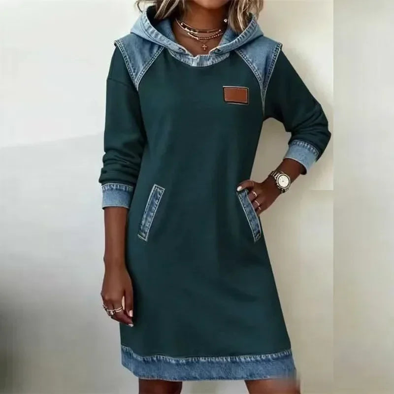 Winter Hoodies Sweatshirt Dress Autumn Pullover Denim Contrast Patchwork Hoodeder Dress Woman Casual Long Sleeve Pocket Dress