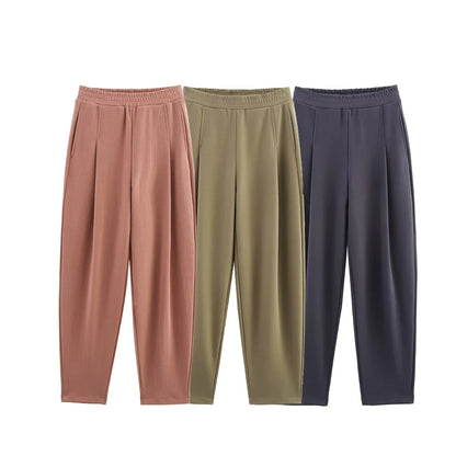 2025 New Women's Clothing European and American Style Fashion Washed Double-Sided Fabric Casual Pleated Pants