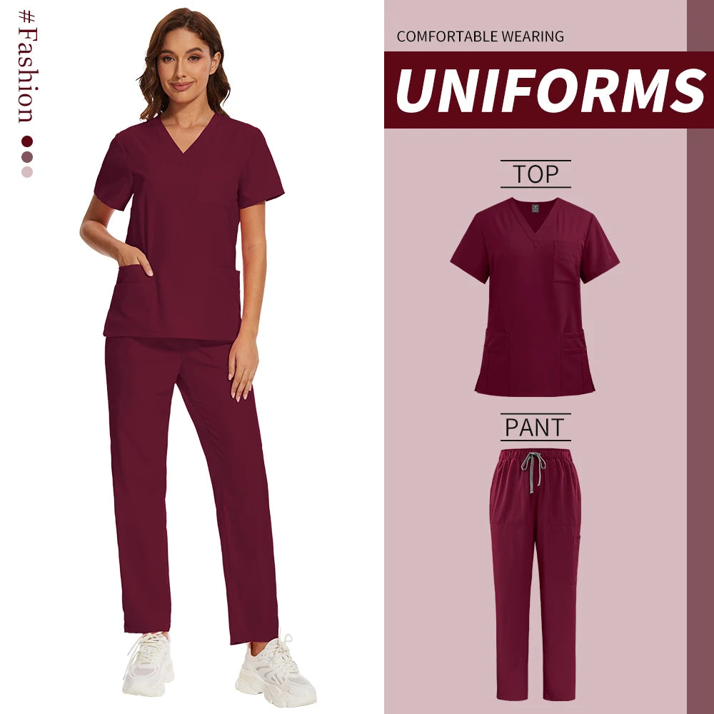 Nursing Operating Room Clothes Medical Scrubs Uniform Women Nurse Scrub Set Pocket Top+Pants 2 Piece Suit