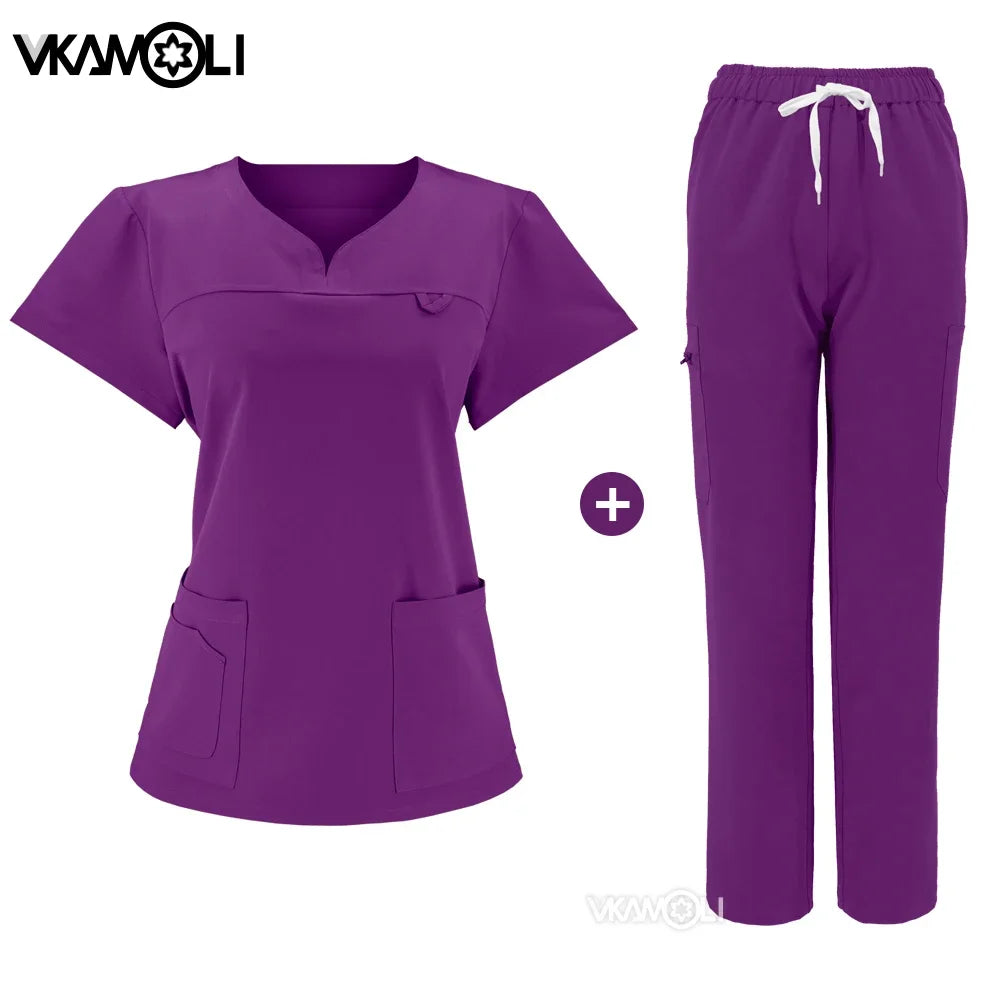 NEW Slim fitting elasticity scrubs sets Operating Room Medical Uniform scrubs uniform nurse women Solid color Surgery Suit