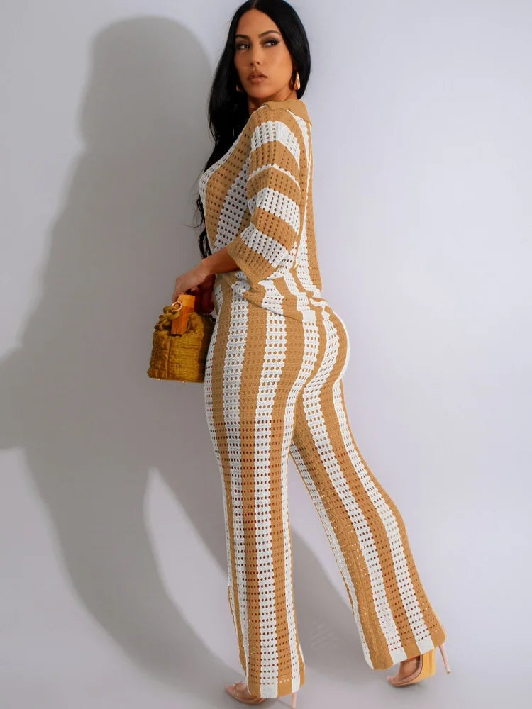 JRRY Sexy Women Knitted Set Two Pieces Set Short Sleeve Buttons Top Long Loose Pants Crocheted 2 Pieces Set Crochet Beach Wear