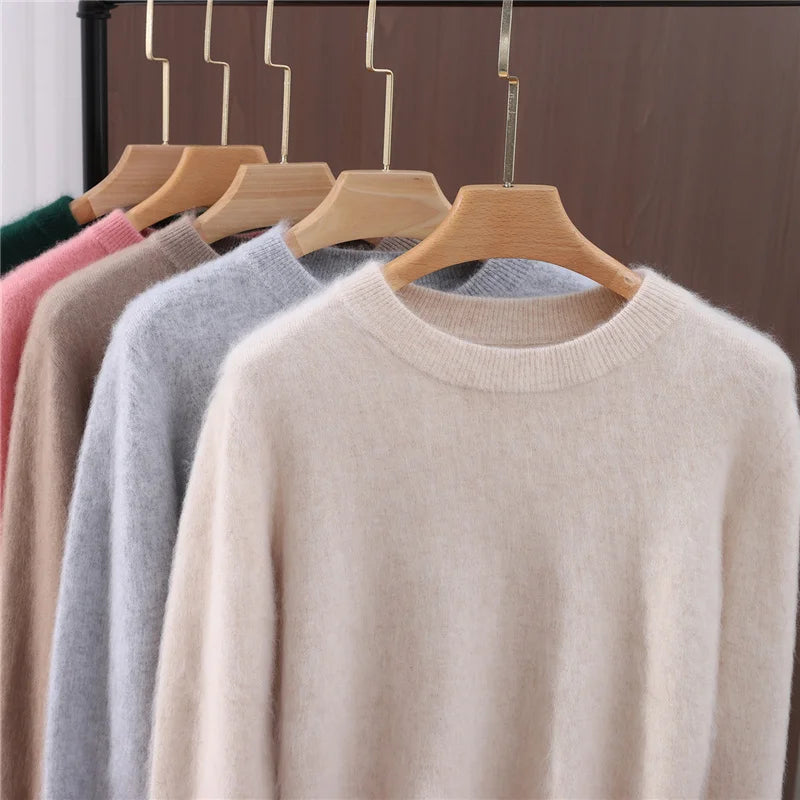 Autumn Winter Sweater Pullover Women's Clothing 100% Mink Cashmere Sweater Pullover O-Neck Basic Long Sleeve Warm Fleece Knitted