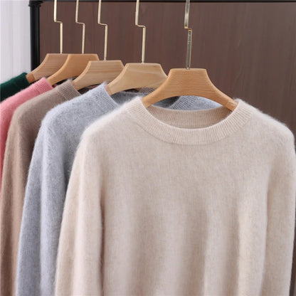 Autumn Winter Sweater Pullover Women's Clothing 100% Mink Cashmere Sweater Pullover O-Neck Basic Long Sleeve Warm Fleece Knitted