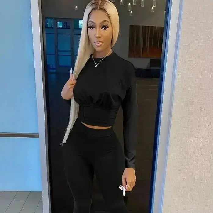 New Autumn Women's Pure Color Sports Waist Suit Fashion Casual Two-piece Set