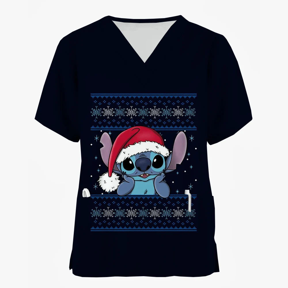Nurse Uniforms Women Merry Christmas Print Short Sleeve Stitch Scrubs Working Medical Blouse Overalls Uniforms Medical Nursing