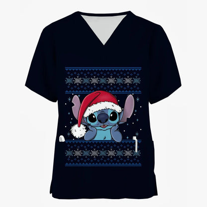 Nurse Uniforms Women Merry Christmas Print Short Sleeve Stitch Scrubs Working Medical Blouse Overalls Uniforms Medical Nursing