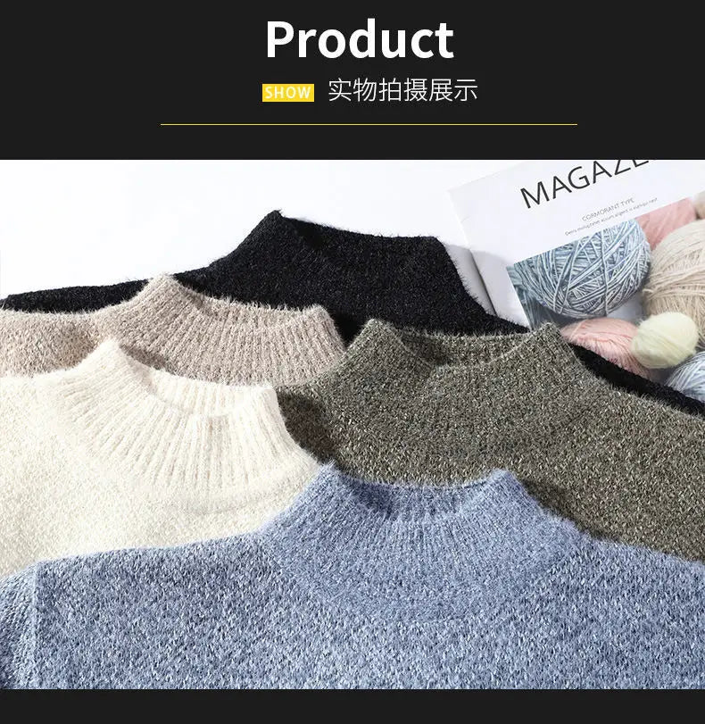 New Winter Men Mock Neck Sweaters Fleece Warm Knitted Pullovers Man Streetwear Loose Casual Sweaters Good Quality Male Pullovers