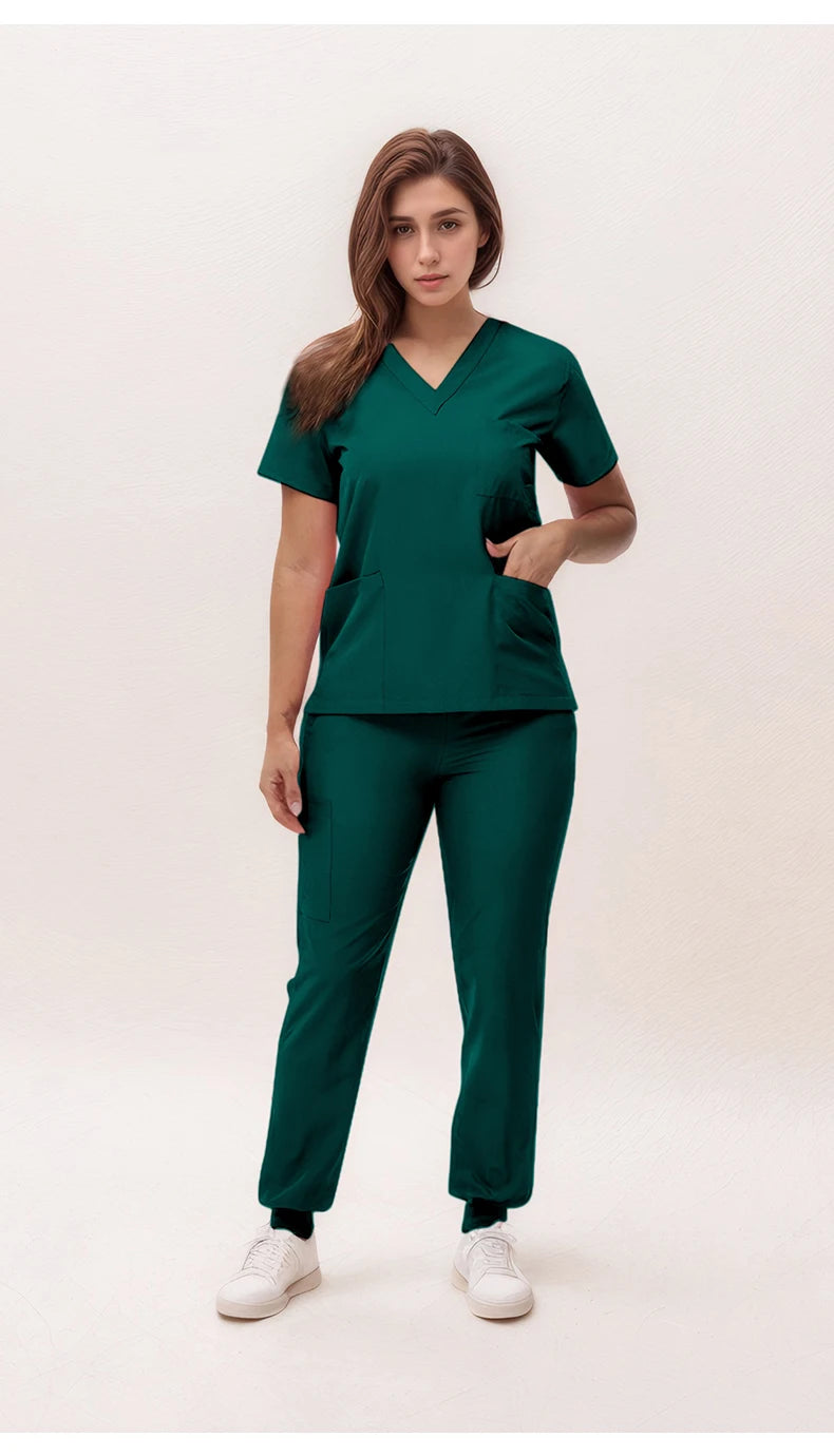 Short Sleeves Nurse Uniforms V-neck Top Jogger Pants  Women Surgical Scrubs Dentist Nursing Suit Pet Hospital Doctor Outfit S21