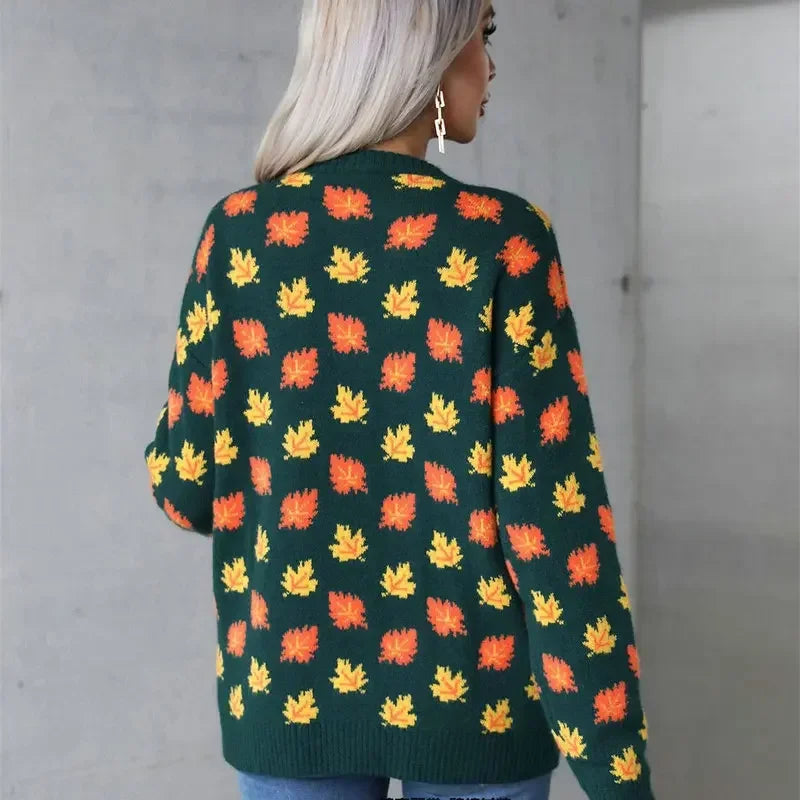 Women Casual Sweaters O Neck Pullovers Warm Outerwear Maple Leaf Print Knitwear Tops Female 2024 Autumn Winter Women Clothing